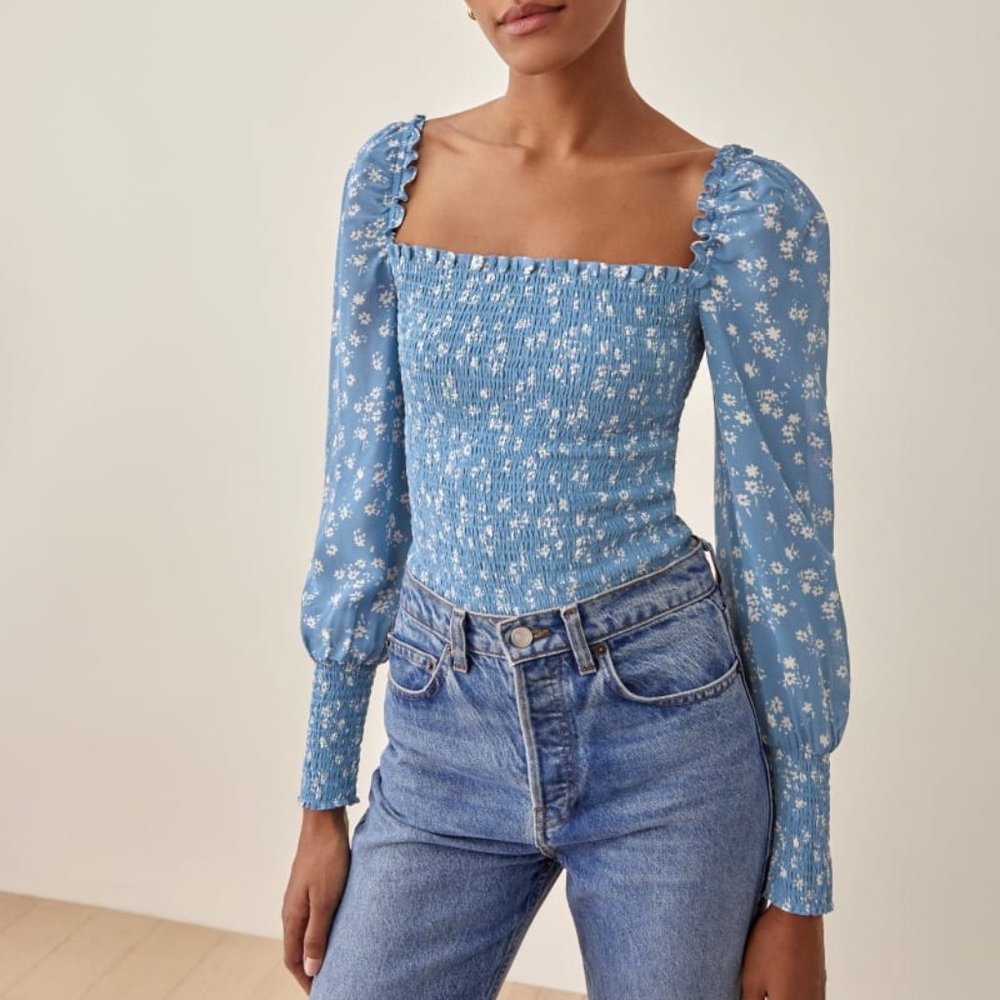 REFORMATION Pinto Floral Smocked Long Sleeve Top in RED 2X